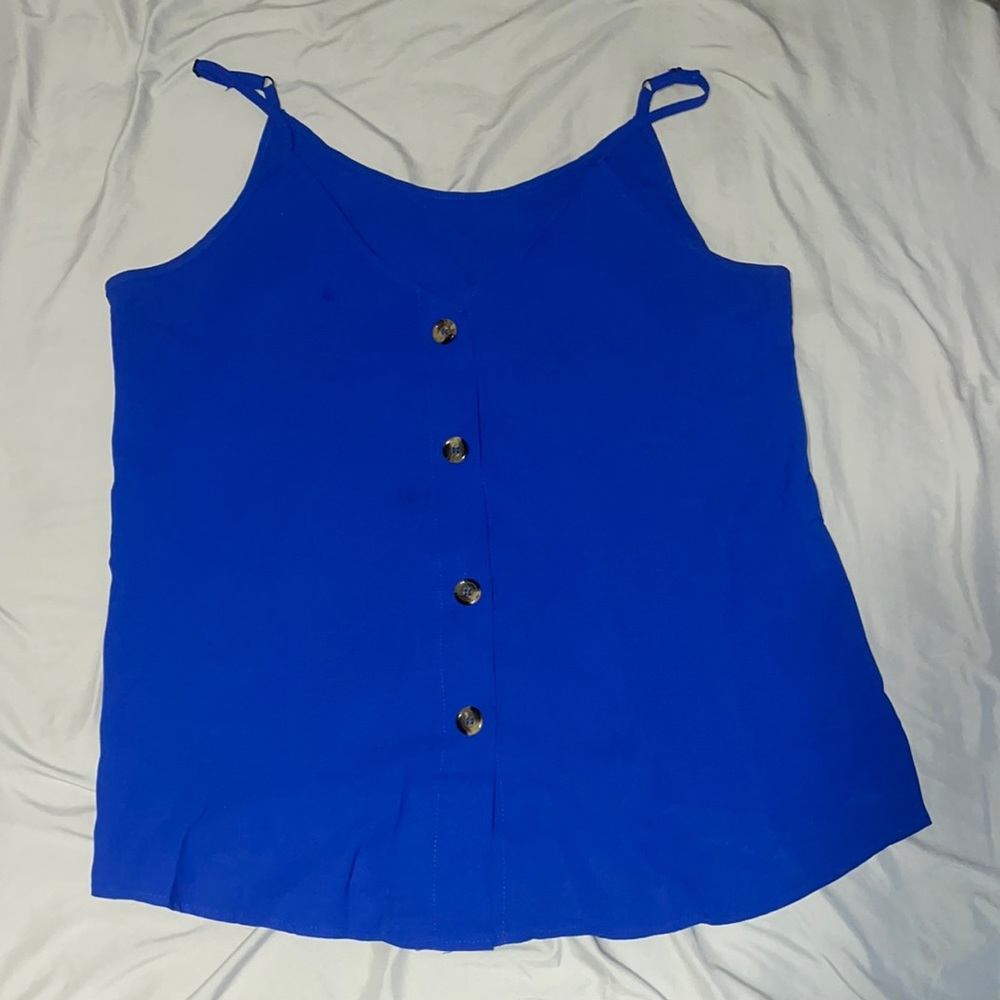 Button down blouse. Blue with brown/tortoise  buttons